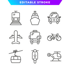 Set of Public Transportation Outline Icon. Taxi, Train, Bus, Plane, Bicycle, Mountain Cableway, and More. Editable Stroke. Vector Eps 10
