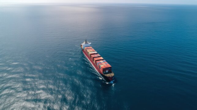 Drone view of a container ship going by the sea . generative AI