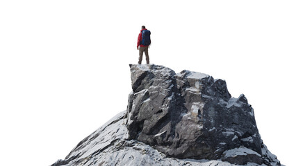 Rocky Mountain Peak with man Standing. Transparent background. Adventure Concept. - obrazy, fototapety, plakaty