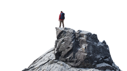 Rocky Mountain Peak with man Standing. Transparent background. Adventure Concept.