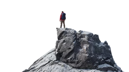 Foto auf Acrylglas Weiß Rocky Mountain Peak with man Standing. Transparent background. Adventure Concept.