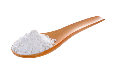 Pile of white wheat flour in wooden spoon on transparent png