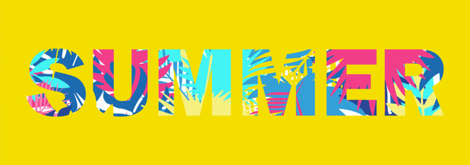 The inscription summer on a yellow background. Tropical leaves lettering. Background for summer sale. Vector