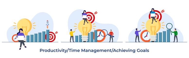 Set of productivity flat illustration, Self-management, Performance increase, Goal setting, Achieving targets, Time management concept for landing page, web banner, social media, infographic