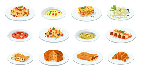 Italian cuisine dishes. Mediterranean traditional meals, delicious pasta and pizza, salami and cheese at cafe and restaurant. Vector flat set