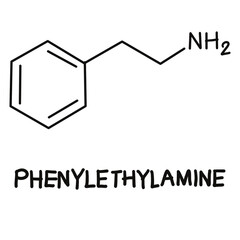 Hand with pen drawing the chemical formula of methamphetamine, chemical structure of Phenylethylamine