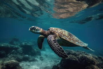 Obraz premium A beautiful turtle swims underwater among the reefs. Undersea world.