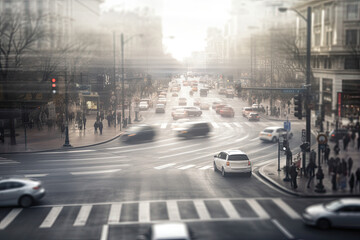 The movement of various vehicles, the intersection of city intersections in blur.