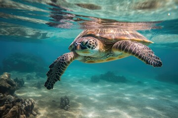 Obraz na płótnie Canvas Close-up of a swimming sea turtle in the sea, underwater world.