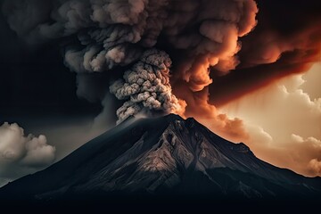 Volcanic landscape. Illustration of a volcano eruption, a lot of smoke in the sky.