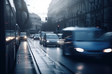 Vehicles drive down the street, blur.