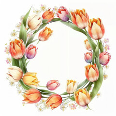 Round frame of tulips in the style of a watercolor drawing. AI generative.