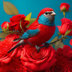 Cute Bird Soars Amidst Colorful 3D Background with Vibrant Red Rose Flowers