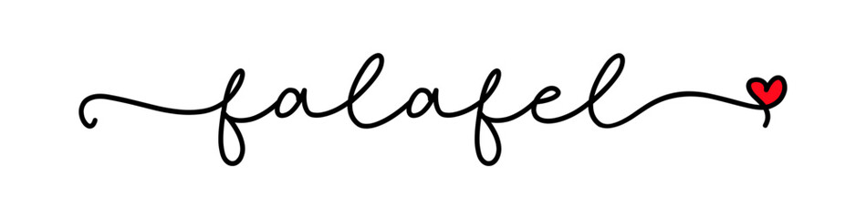 Falafel love. Arabic food. Vector logo word. Design for t-shirt, poster, flyer, banner, menu cafe. Hand drawn calligraphy text. Typography falafel logo with heart symbol. Signboard food text falafel.