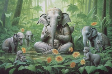 Fototapeta premium Buddha with Baby Elephants