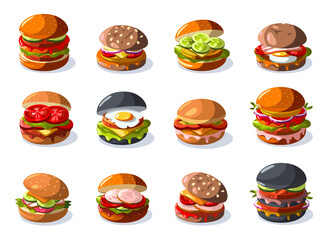 Burger collection. Cartoon raw beef sliced sandwich with lettuce tomato cheese, fast food meal with sauce. Vector burger with different ingredients