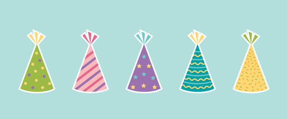 Set of holiday hat stickers for birthday and new year. Vector stock illustration.