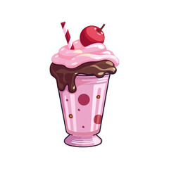 Vector berry milkshake sticker illustration cartoon flat style. Milk shake with whipped cream sweet dessert with cherries