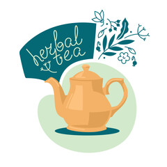 Yellow teapot for herbal tea. Composition of natural herbs and teapot. Lettering. Vector image.