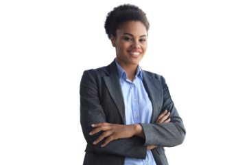 Attractive african american business woman looking at camera and smiling while standing on a transparent background.