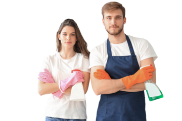 Young happy couple is having fun while doing cleaning at home on a transparent background.