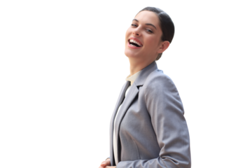 Attractive young woman in suit looking at camera and smiling on a transparent background.