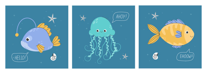 Fototapeta premium Nautical themed posters, anglerfish, jellyfish, crucian carp. Cute baby illustrations with lettering for poster, greeting card, banner and flyer. Set of vector stock illustrations with sea animals. 