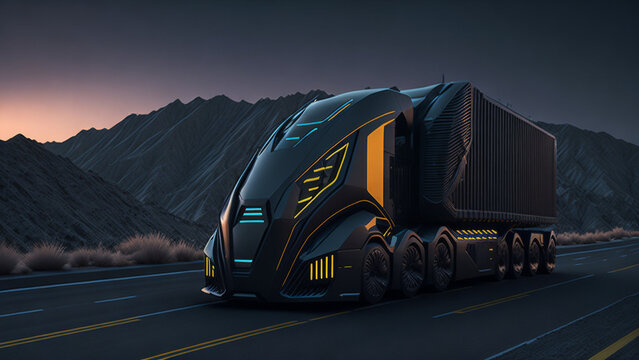 A black futuristic big truck with a cargo trailer drives down the highway at sunset.
