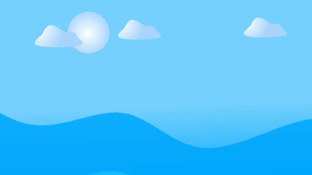 Animated beautiful seascape with moving waves, clouds and sun. Summer day illustration