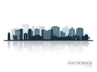Anchorage skyline silhouette with reflection. Landscape Anchorage, Alaska. Vector illustration.