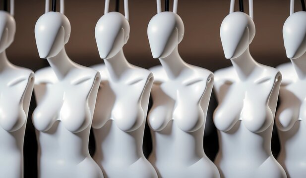 Row of female white porcellain body mannequin