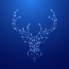 Geometric Deer head silhouette. Constellation in deep blue sky. Reindeer head and horns vector design.