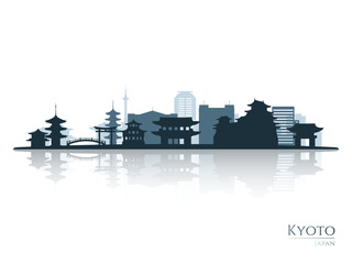 Kyoto skyline silhouette with reflection. Landscape Kyoto, Japan. Vector illustration. - obrazy, fototapety, plakaty