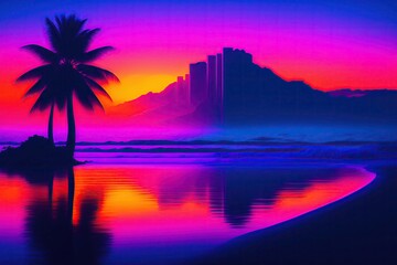 Fototapeta na wymiar Purple Retrowave Beach Background Illustration