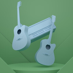 Acoustic guitars and drums with cymbals on podium on monochrome background.