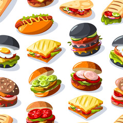 Burger sandwich pattern. Seamless print of fast food sandwiches, hamburger with cheese tomato lettuce onion BBQ sauce and salt. Vector illustration