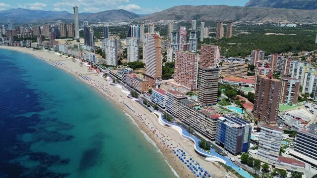 Benidorm. 4K Drone Footage. Aerial View beach, building. Spain.Costa Blanca. 12 June 2023
