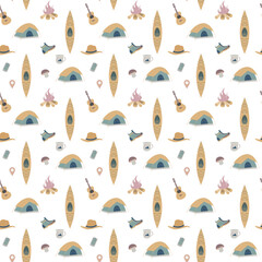 Hiking and camping seamless pattern with travel elements. Seamless pattern for design, posters, backgrounds Hiking, travel and camping theme. Tent, guitara, mug, map, camera, binoculars.