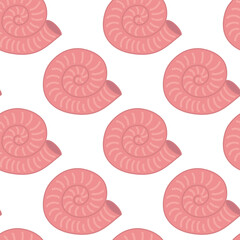 Seamless pattern with cartoon spiral seashell. Background with ammonite. Vector. 
