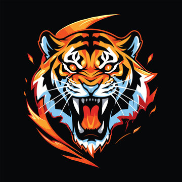 Tiger Head Mascot Logo for Esport. Tiger T-shirt Design. Isolated on Black Background