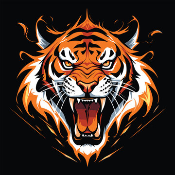 Tiger Head Mascot Logo for Esport. Tiger T-shirt Design. Isolated on Black Background
