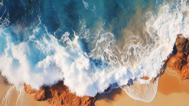 Overhead photo of crashing waves on the shoreline. Tropical beach surf. Abstract aerial ocean view.