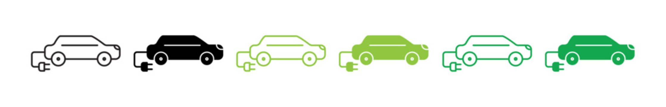 Electric car icon set vector. Ev vehicle pictogram. Electro car line symbol. Simple e car thin outline sign in black and green color.