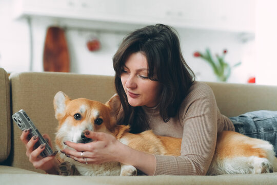 Owner female woman young girl playing with her dog welsh corgi pet 