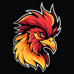 Rooster Head Mascot Logo for Esport. Rooster T-shirt Design. Isolated on Black Background