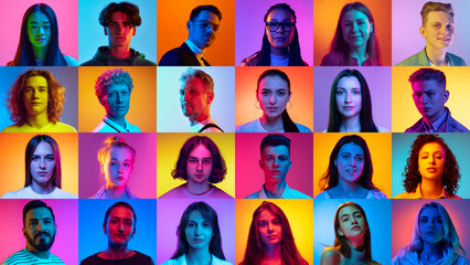 Obraz na płótnie Canvas Collage made of portraits different people, men and women with serious expression looking at camera against multicolored background in neon. Concept of human emotions, lifestyle, facial expression. Ad