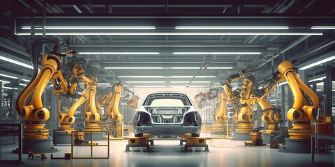 AI Generated. AI Generative. Automotive factory car production by robots future technology. Graphic Art