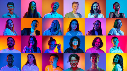 Fototapeta na wymiar Collage made of portraits of different people of diverse age, gender and nationality smiling against multicolored background in neon light. Concept of human emotions, lifestyle, facial expression. Ad