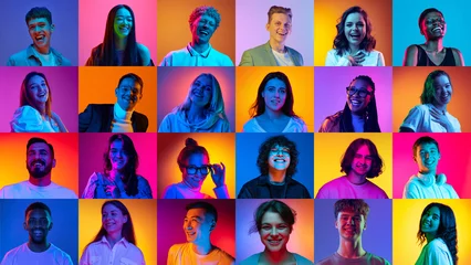 Foto op Canvas Collage made of portraits of different people of diverse age, gender and nationality smiling against multicolored background in neon light. Concept of human emotions, lifestyle, facial expression. Ad © master1305