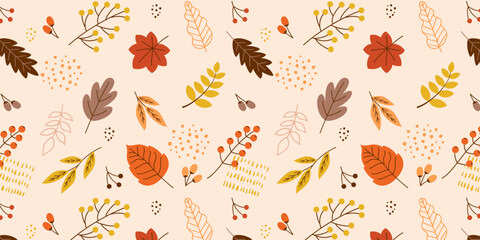 Fototapeta 秋の紅葉した葉っぱのシームレスなパターン、ベクター背景。 obraz